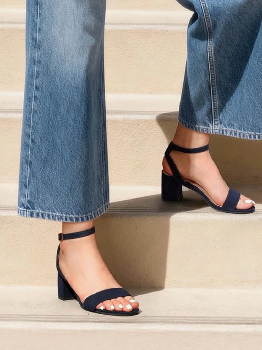 Open Toe Navy Suede Sandals with Chunky Heel
